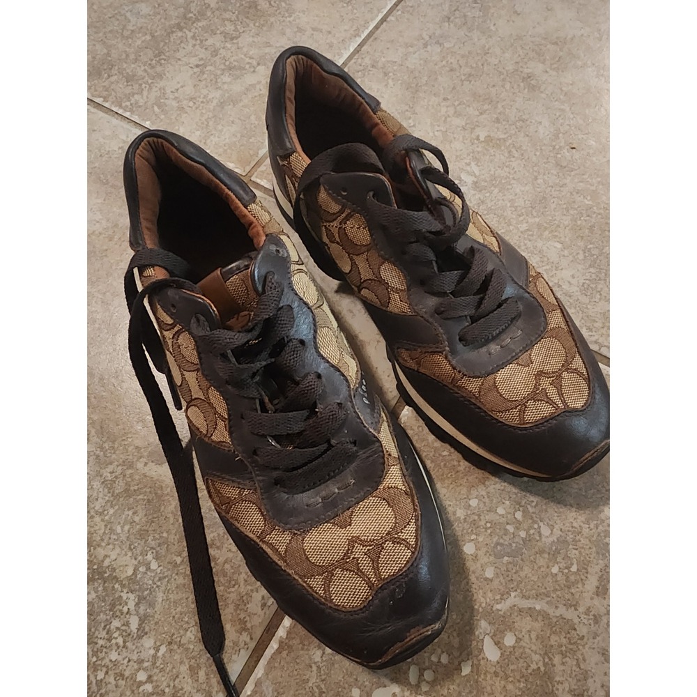 Coach Signature Monogram Leather Trim Sneakers Brown Khaki Low Top Shoes - Picture 2 of 6